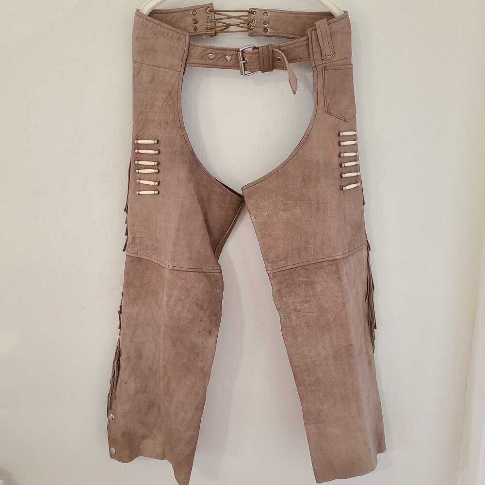 Womens L Vintage Hot Leathers Tan Leather Assless Motorcycle Chaps Beads Fringe
